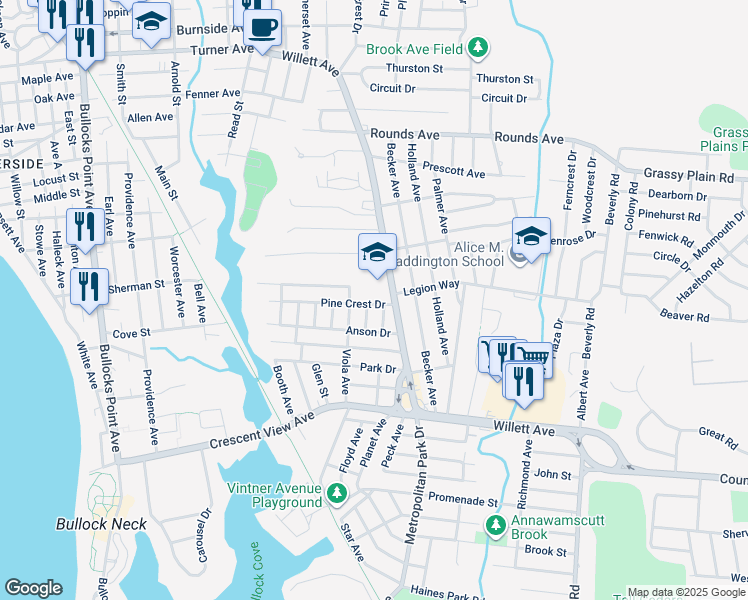 map of restaurants, bars, coffee shops, grocery stores, and more near 21 Pine Crest Dr in East Providence