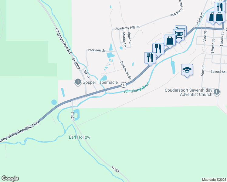 map of restaurants, bars, coffee shops, grocery stores, and more near 104-106 Grand Army of the Republic Highway in Coudersport