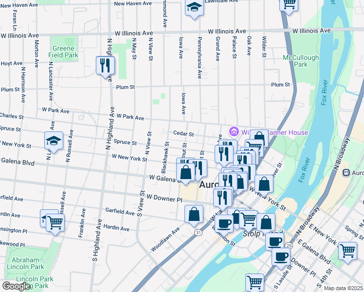 map of restaurants, bars, coffee shops, grocery stores, and more near 403 Spruce Street in Aurora
