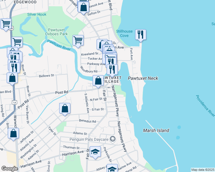 map of restaurants, bars, coffee shops, grocery stores, and more near 46 Post Road in Warwick
