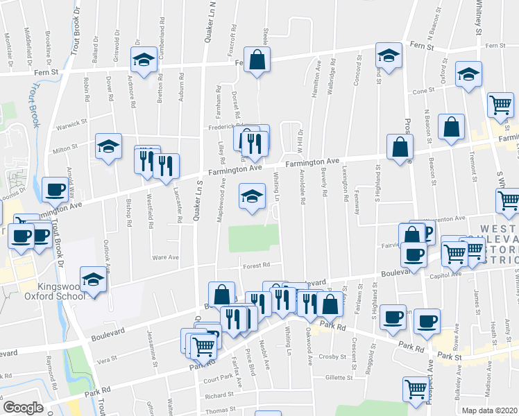 map of restaurants, bars, coffee shops, grocery stores, and more near 47 Whiting Lane in West Hartford