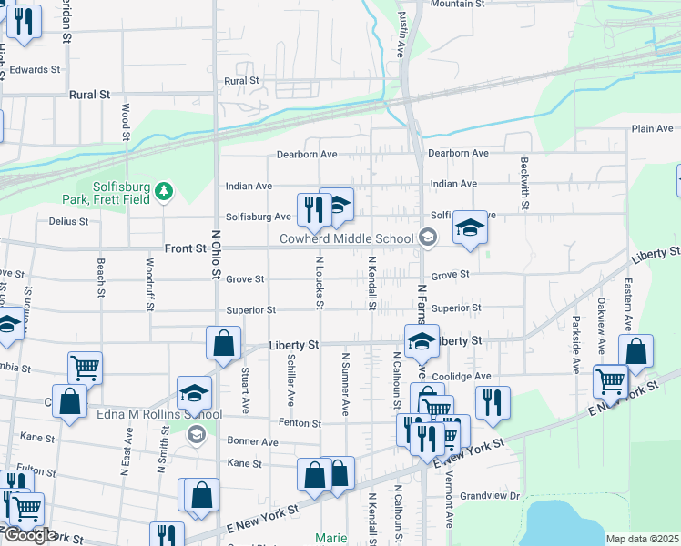 map of restaurants, bars, coffee shops, grocery stores, and more near 1216 Grove Street in Aurora