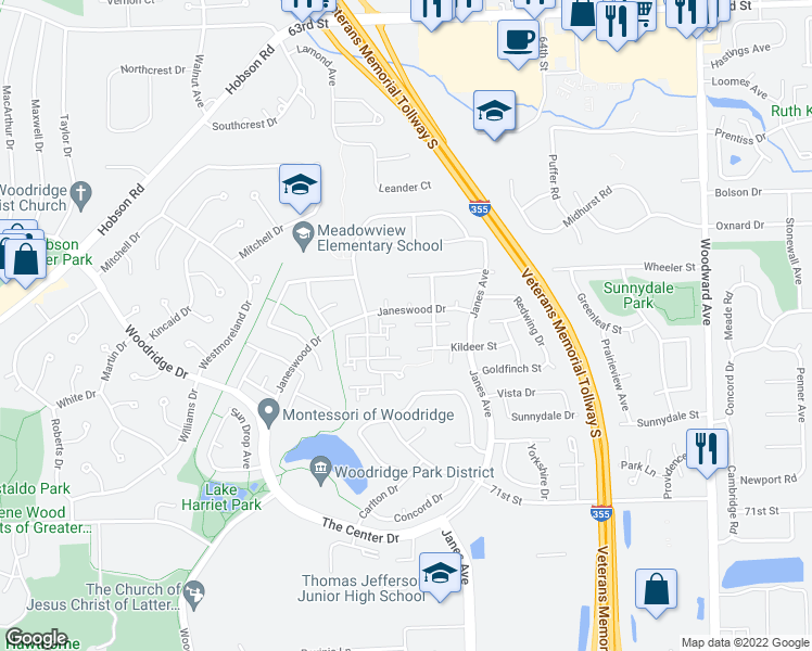 map of restaurants, bars, coffee shops, grocery stores, and more near 12 Scarlet Hawthorne Court in Woodridge