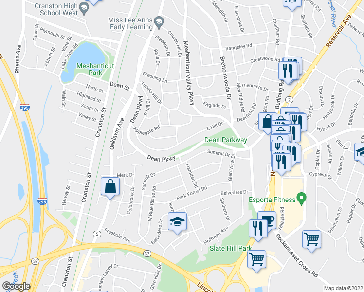 map of restaurants, bars, coffee shops, grocery stores, and more near 100 East Hill Drive in Cranston