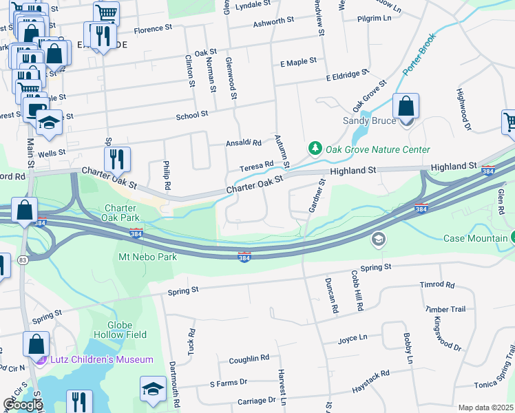 map of restaurants, bars, coffee shops, grocery stores, and more near 18 Sycamore Lane in Manchester