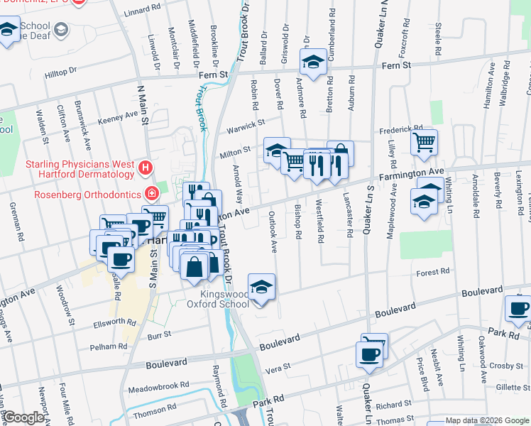 map of restaurants, bars, coffee shops, grocery stores, and more near 877 Farmington Avenue in West Hartford