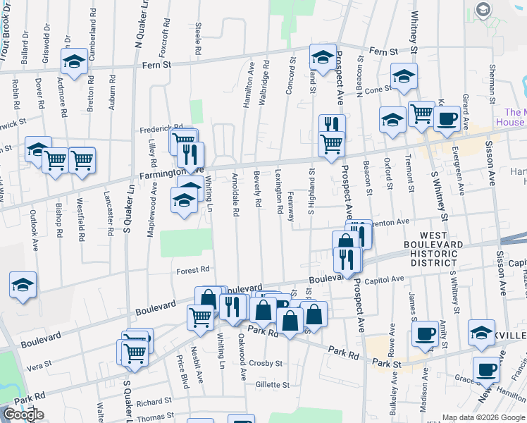 map of restaurants, bars, coffee shops, grocery stores, and more near 32 Beverly Road in West Hartford