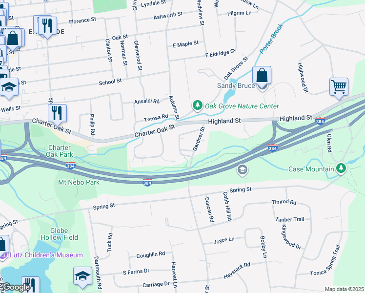 map of restaurants, bars, coffee shops, grocery stores, and more near 41 West Gardner Street in Manchester