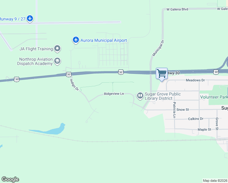 map of restaurants, bars, coffee shops, grocery stores, and more near 701 Ridgeview Lane in Sugar Grove