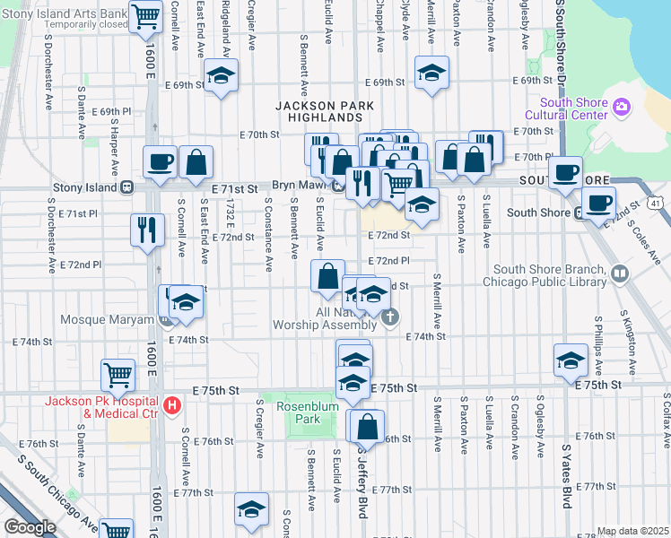 map of restaurants, bars, coffee shops, grocery stores, and more near 1953 East 72nd Place in Chicago