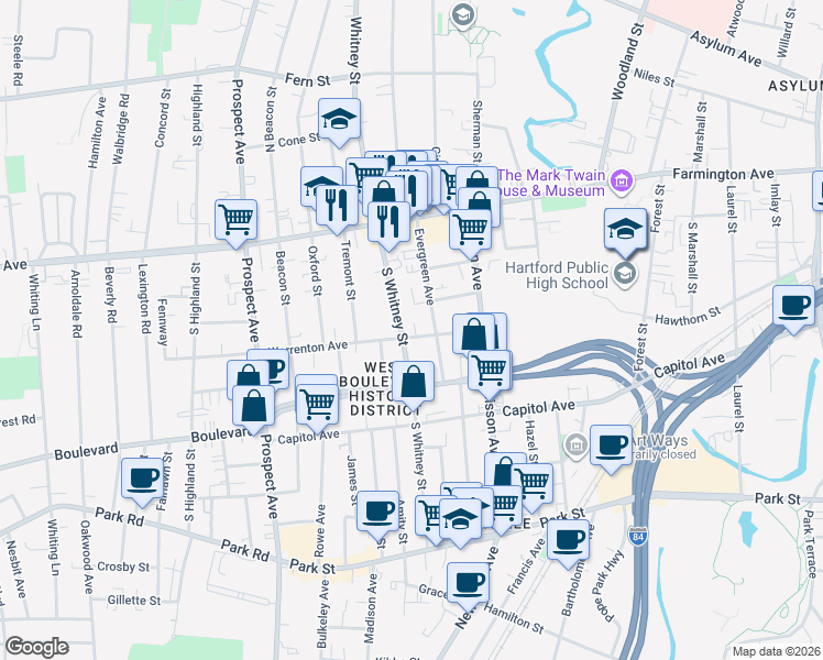 map of restaurants, bars, coffee shops, grocery stores, and more near 47 Warrenton Avenue in Hartford