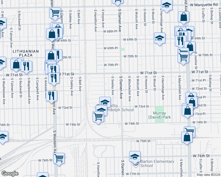 map of restaurants, bars, coffee shops, grocery stores, and more near 7158 South Seeley Avenue in Chicago