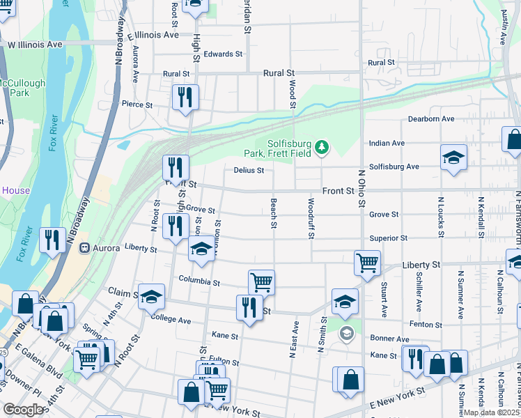 map of restaurants, bars, coffee shops, grocery stores, and more near 752 Grove St in Aurora