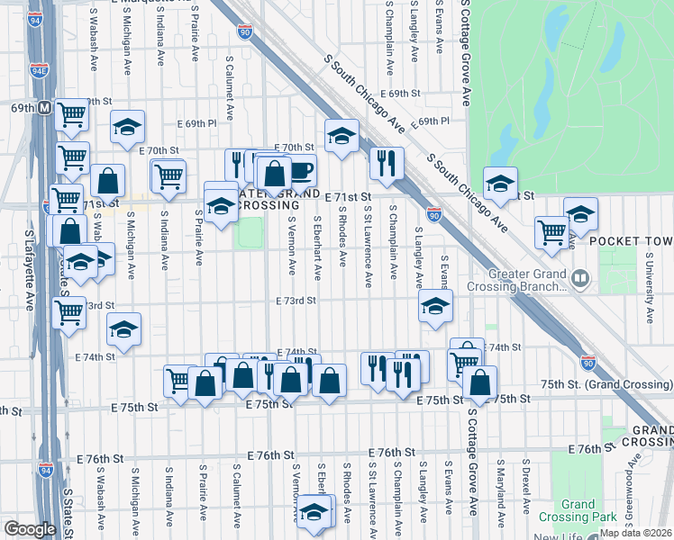 map of restaurants, bars, coffee shops, grocery stores, and more near 7232 South Rhodes Avenue in Chicago