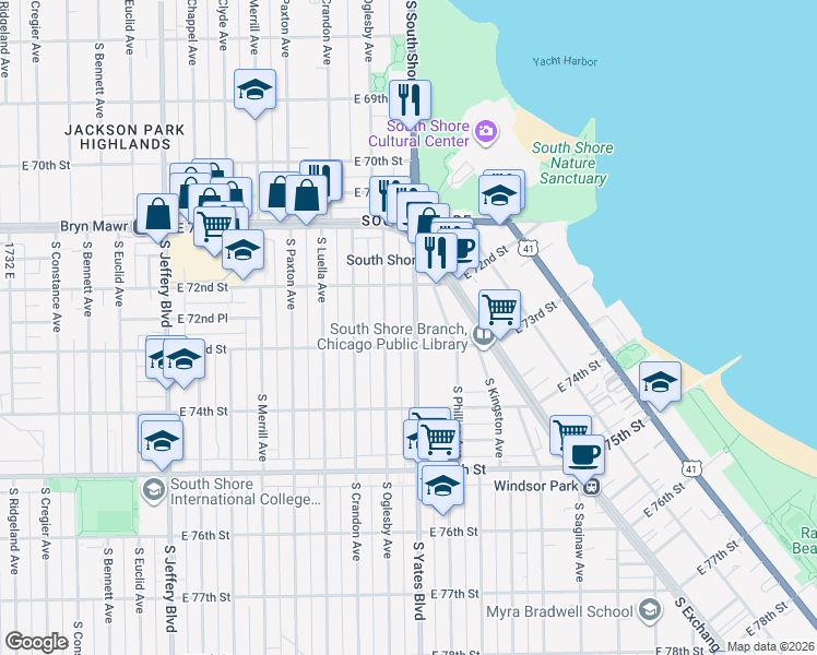 map of restaurants, bars, coffee shops, grocery stores, and more near 7250 South Yates Boulevard in Chicago
