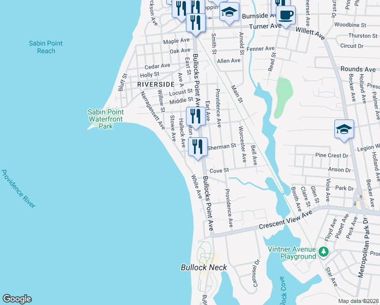 map of restaurants, bars, coffee shops, grocery stores, and more near 236 Narragansett Avenue in East Providence