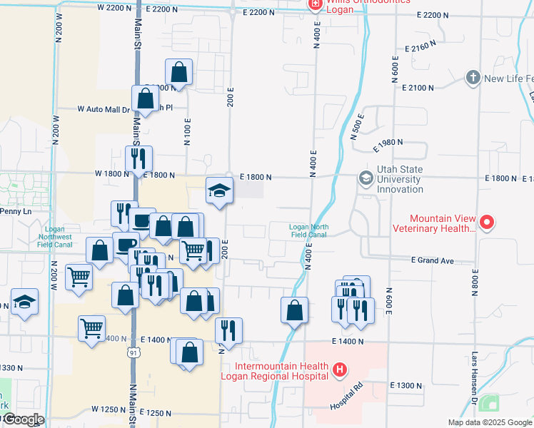 map of restaurants, bars, coffee shops, grocery stores, and more near 300 East 1770 North in North Logan
