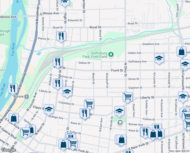 map of restaurants, bars, coffee shops, grocery stores, and more near 814 Grove Street in Aurora