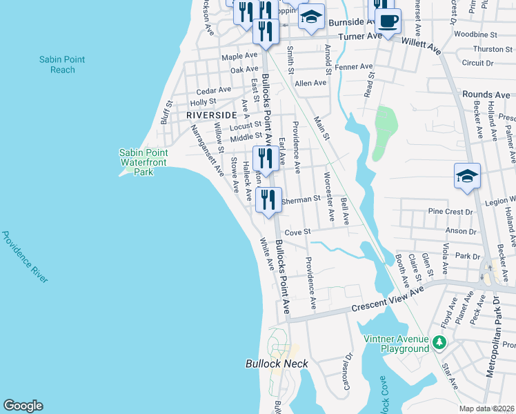 map of restaurants, bars, coffee shops, grocery stores, and more near 236 Narragansett Avenue in East Providence