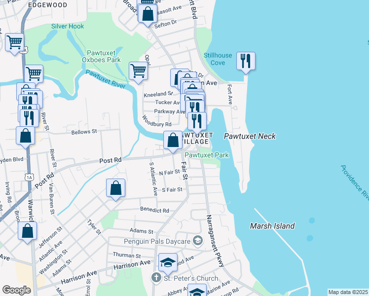 map of restaurants, bars, coffee shops, grocery stores, and more near 46 Post Road in Warwick