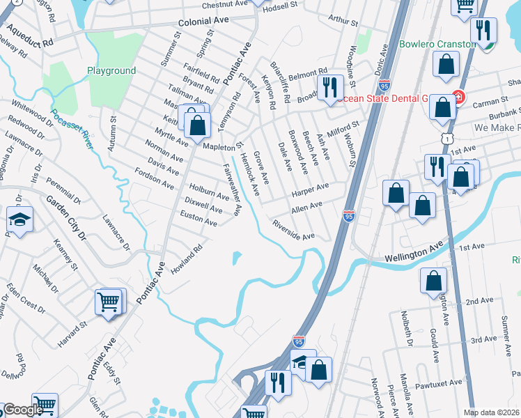 map of restaurants, bars, coffee shops, grocery stores, and more near 145 Allen Avenue in Cranston
