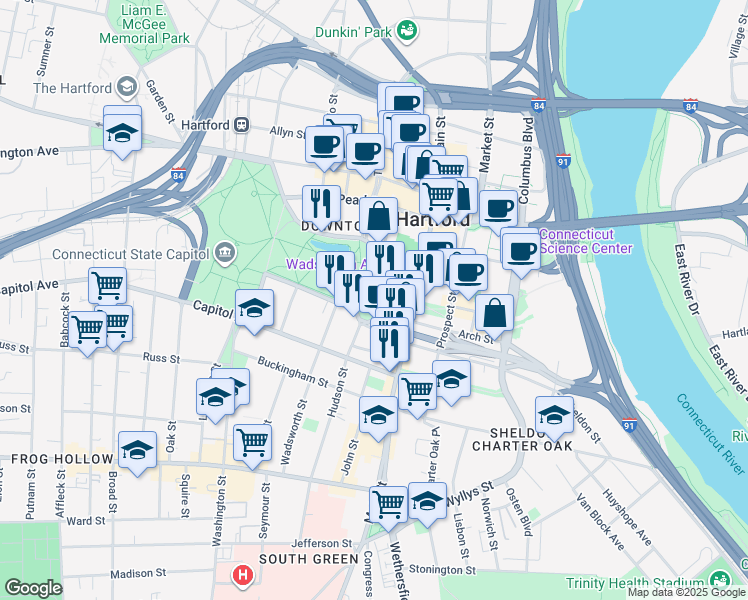 map of restaurants, bars, coffee shops, grocery stores, and more near 55 Elm Street in Hartford