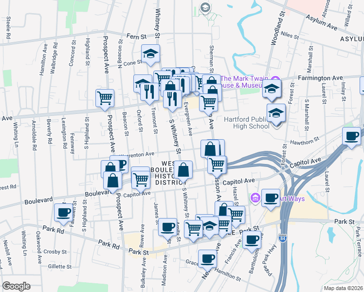 map of restaurants, bars, coffee shops, grocery stores, and more near 47 Warrenton Avenue in Hartford