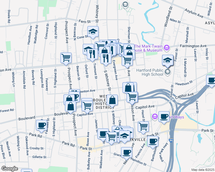 map of restaurants, bars, coffee shops, grocery stores, and more near 86 Warrenton Avenue in Hartford