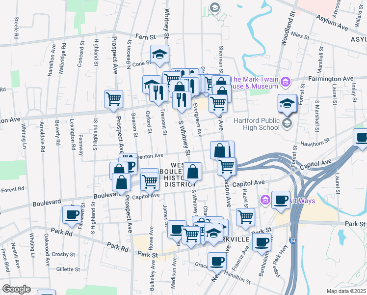 map of restaurants, bars, coffee shops, grocery stores, and more near 86 Warrenton Avenue in Hartford
