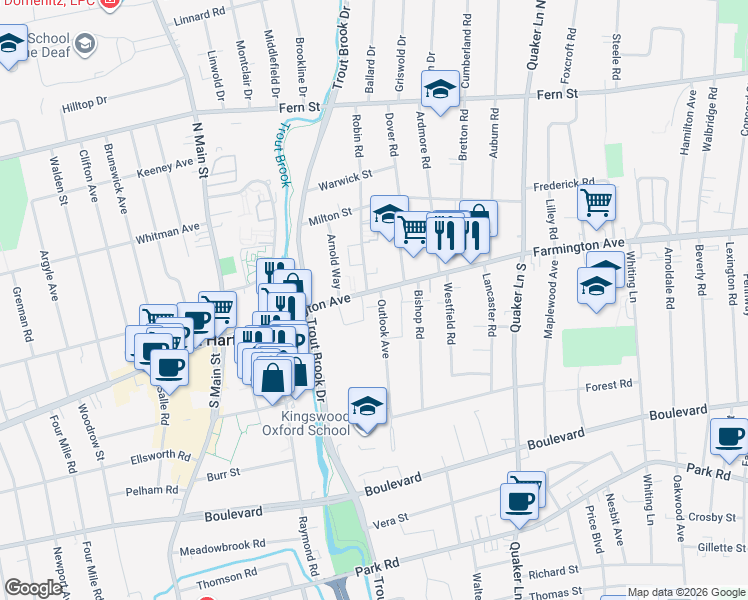 map of restaurants, bars, coffee shops, grocery stores, and more near 19 Outlook Avenue in West Hartford