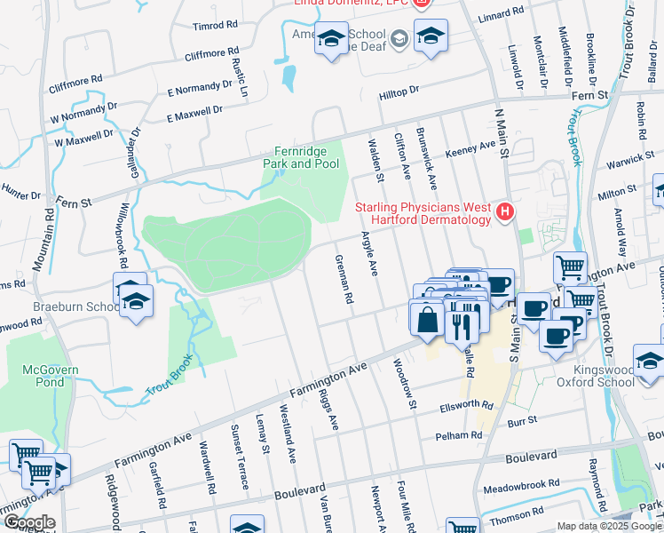 map of restaurants, bars, coffee shops, grocery stores, and more near 54 Arlington Road in West Hartford