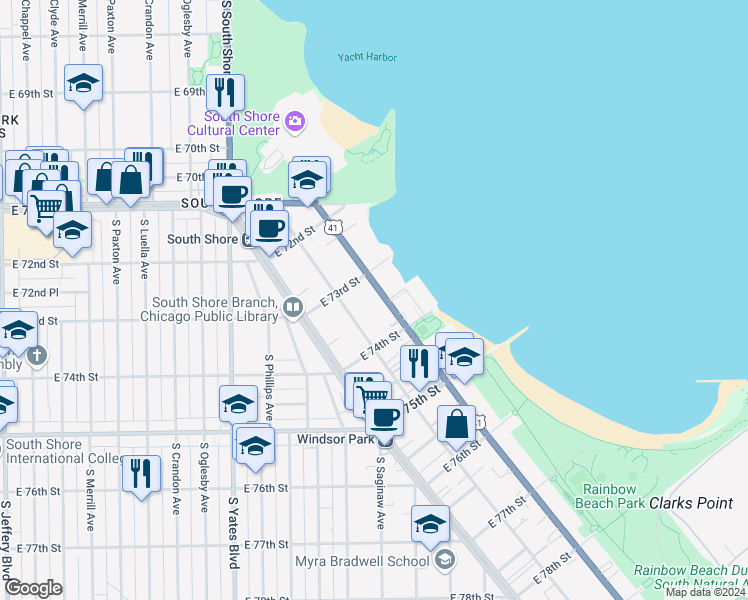 map of restaurants, bars, coffee shops, grocery stores, and more near 7325 South Coles Avenue in Chicago