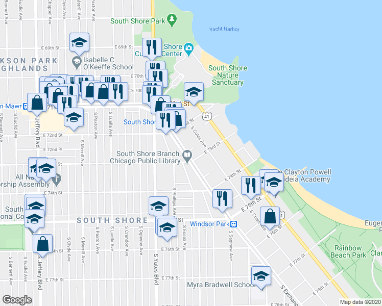 map of restaurants, bars, coffee shops, grocery stores, and more near 7250 South Exchange Avenue in Chicago