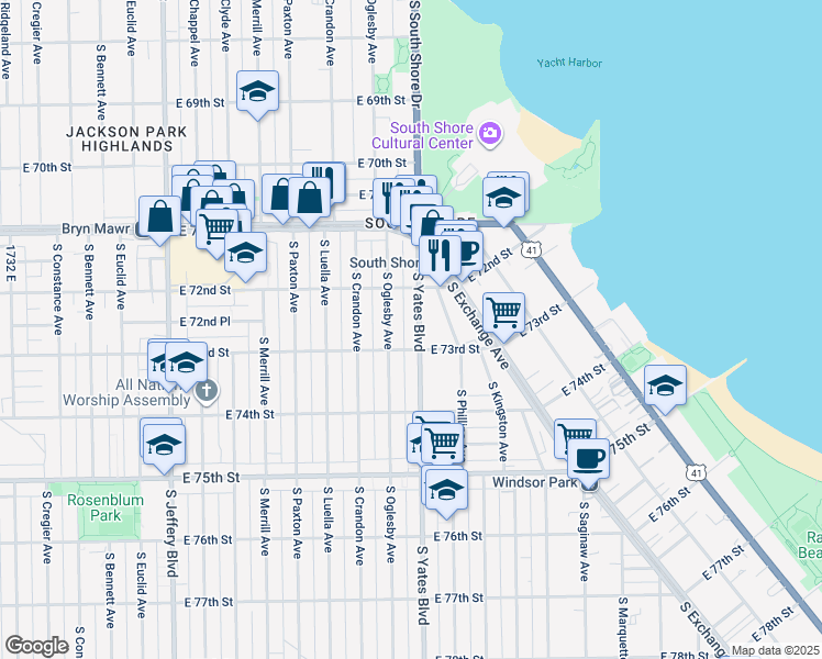 map of restaurants, bars, coffee shops, grocery stores, and more near 7250 South Yates Boulevard in Chicago