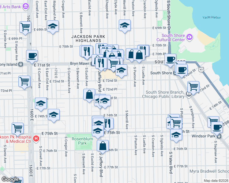 map of restaurants, bars, coffee shops, grocery stores, and more near 2043 East 72nd Place in Chicago