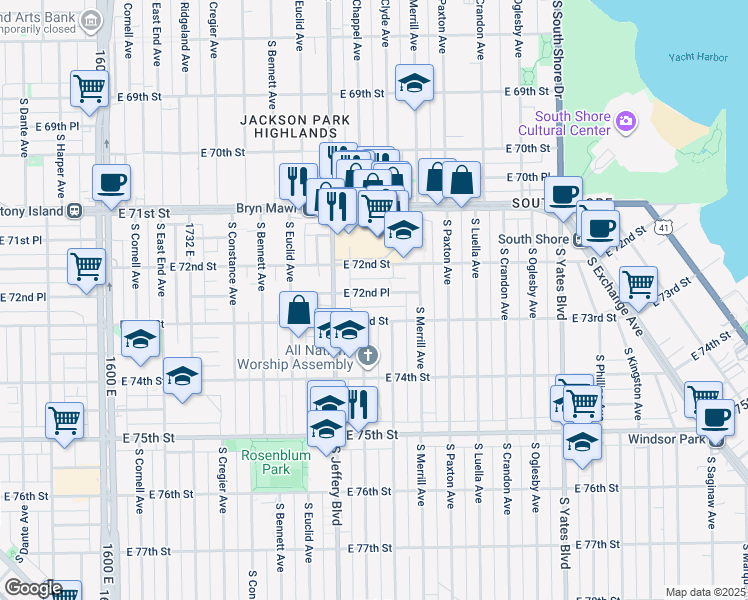 map of restaurants, bars, coffee shops, grocery stores, and more near 2043 East 72nd Place in Chicago