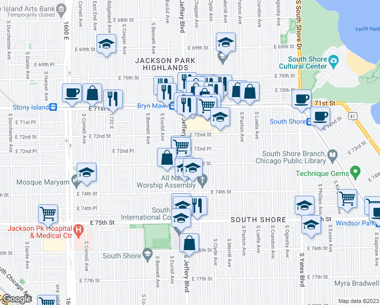map of restaurants, bars, coffee shops, grocery stores, and more near 7236 South Jeffery Boulevard in Chicago