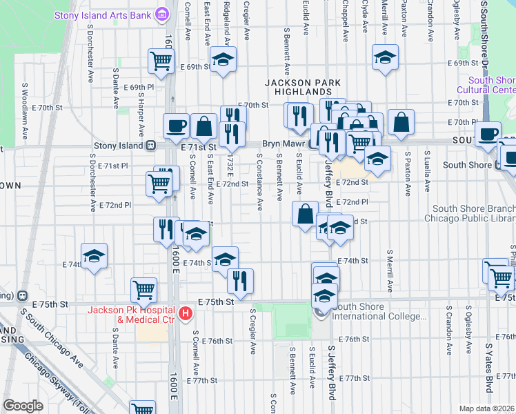 map of restaurants, bars, coffee shops, grocery stores, and more near 7249 South Constance Avenue in Chicago