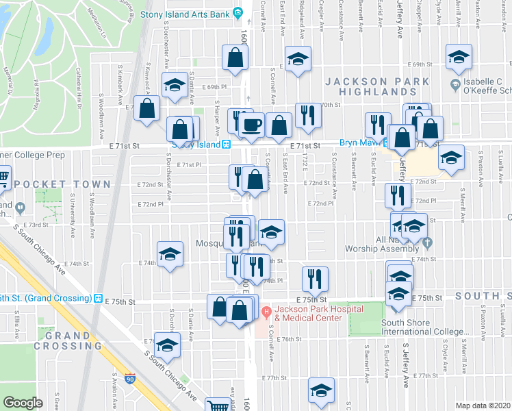 map of restaurants, bars, coffee shops, grocery stores, and more near 7240 South Cornell Avenue in Chicago