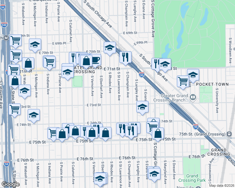 map of restaurants, bars, coffee shops, grocery stores, and more near 7230 South Saint Lawrence Avenue in Chicago