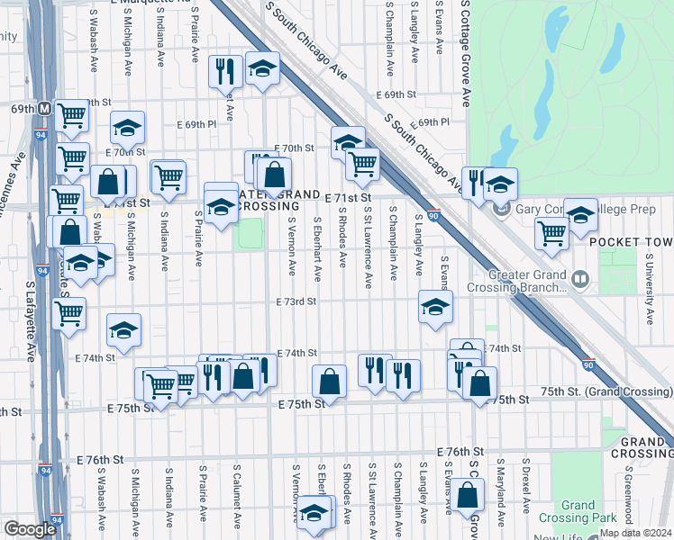 map of restaurants, bars, coffee shops, grocery stores, and more near 7232 South Rhodes Avenue in Chicago