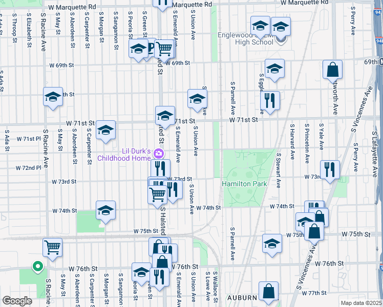 map of restaurants, bars, coffee shops, grocery stores, and more near 7208 South Union Avenue in Chicago
