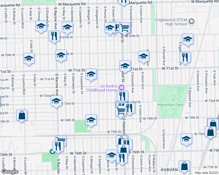map of restaurants, bars, coffee shops, grocery stores, and more near 7209 South Peoria Street in Chicago