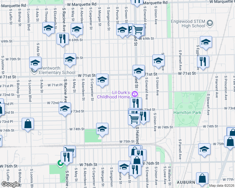 map of restaurants, bars, coffee shops, grocery stores, and more near 7209 South Peoria Street in Chicago