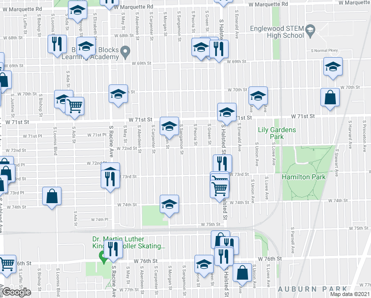 map of restaurants, bars, coffee shops, grocery stores, and more near 7204 South Sangamon Street in Chicago