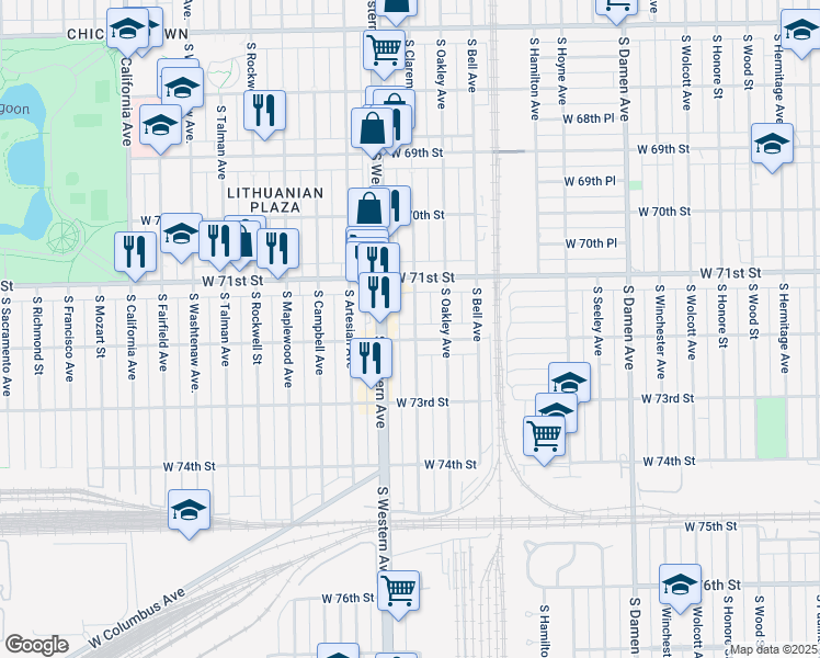map of restaurants, bars, coffee shops, grocery stores, and more near 2344 West 72nd Street in Chicago