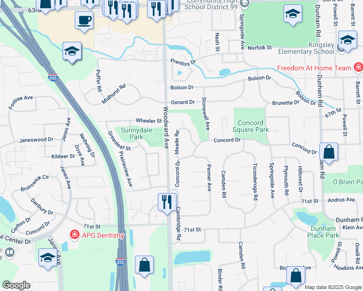 map of restaurants, bars, coffee shops, grocery stores, and more near 6801 Meade Road in Downers Grove