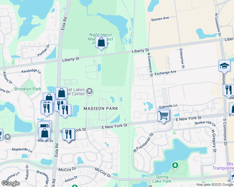 map of restaurants, bars, coffee shops, grocery stores, and more near 621 Conservatory Lane in Aurora