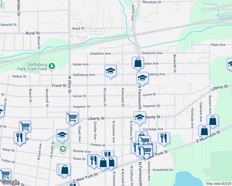 map of restaurants, bars, coffee shops, grocery stores, and more near 1214 Grove Street in Aurora