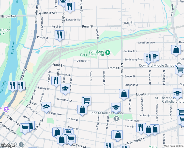 map of restaurants, bars, coffee shops, grocery stores, and more near 814 Grove Street in Aurora